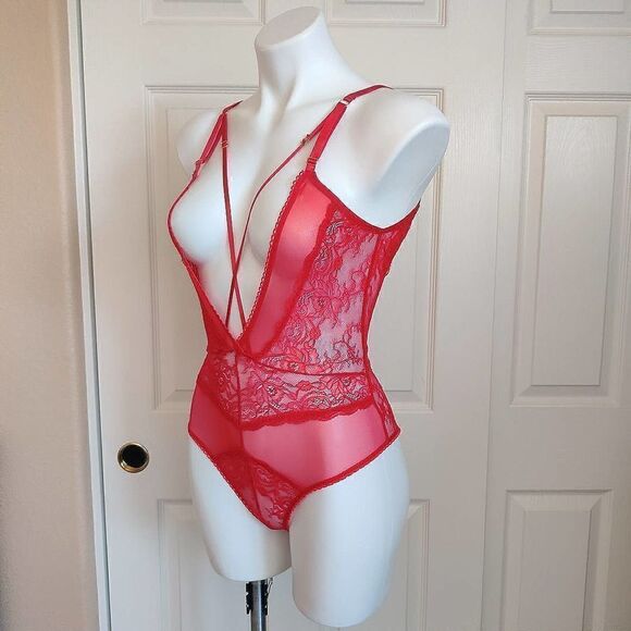 Oh la la Cheri Paris Red Viviane V-Plunge Lace Teddy sz M - Picture 6 of 15